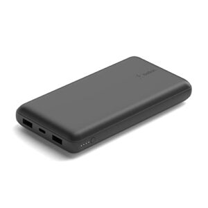 belkin usb-c portable charger 20,000 mah, 20k power bank with usb-c input output port and 2 usb-a ports with included usb-c to usb-a cable for iphone 14, galaxy s23, and more – black