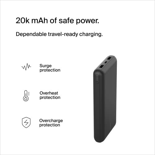 Belkin USB-C Portable Charger 20,000 mAh, 20k Power Bank with USB-C Input Output Port and 2 USB-A Ports with Included USB-C to USB-A Cable for iPhone 14, Galaxy S23, and More - Black