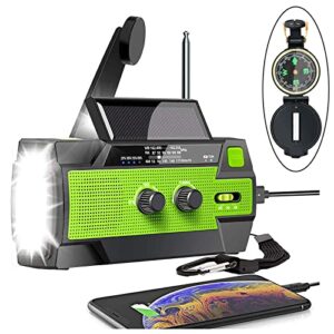 【2023 upgraded】emergency solar hand crank radio, 4000mah portable weather radio, am/fm/noaa, 3 gear led flashlight, motion sensor reading lamp, phone charger, sos alert & compass for home and outdoor