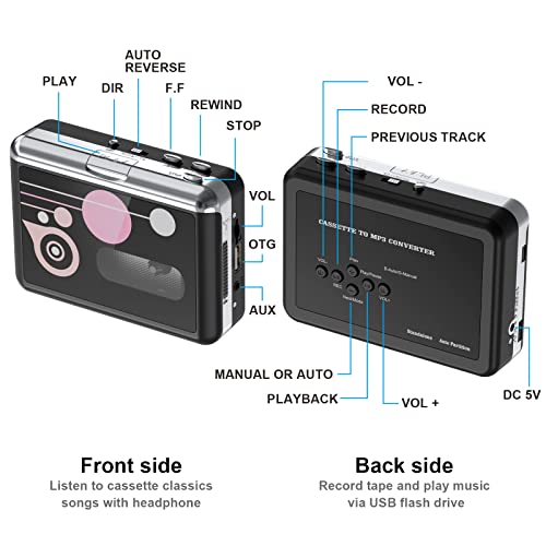 DIGITNOW Cassette Player, Portable USB Cassette to MP3 Converter, Walkman Audio Music Cassette Tape to Digital Converter Player with Earphones, No PC Required, Black