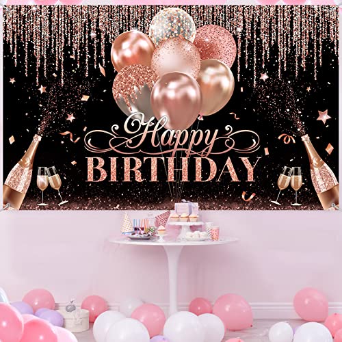 Black Silver Rose Gold Happy Birthday Party Decorations Supplies Glitter Balloon Birthday Party Backdrop for Women Girls Happy Birthday Banner Baby Shower Sweet 16 Photography Background Photo Booth