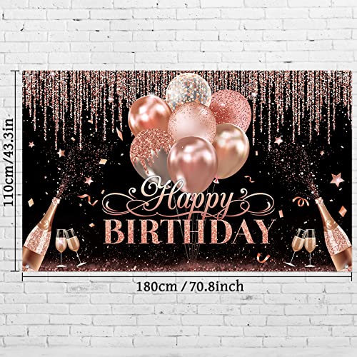 Black Silver Rose Gold Happy Birthday Party Decorations Supplies Glitter Balloon Birthday Party Backdrop for Women Girls Happy Birthday Banner Baby Shower Sweet 16 Photography Background Photo Booth