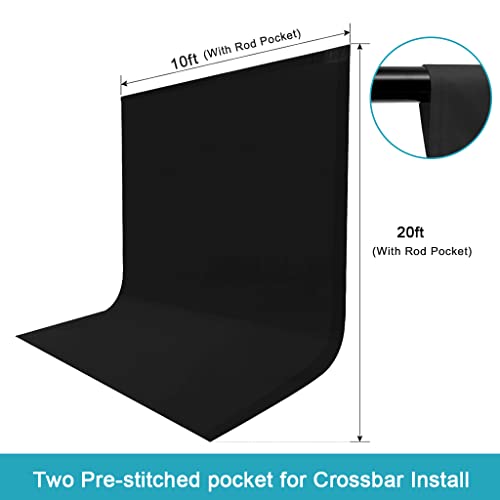 10X20ft Black Photo Backdrops for Photography, LCUIRC TWO ROD POCKET Black Backdrops Curtain for Parties, Polyester Black background with 6 Clamps for Product Protrait Photoshoot or Parties Decoration