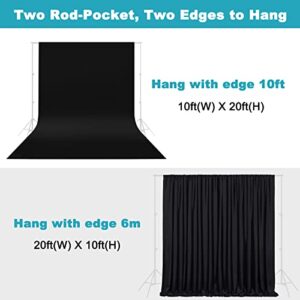 10X20ft Black Photo Backdrops for Photography, LCUIRC TWO ROD POCKET Black Backdrops Curtain for Parties, Polyester Black background with 6 Clamps for Product Protrait Photoshoot or Parties Decoration