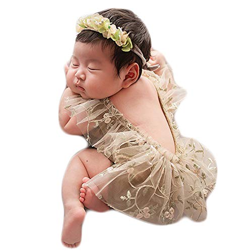 Baby Photography Props Lace Hats Outfit Newborn Photo Shoot Outfits Infant Girl Photos Costume Set (Brown)