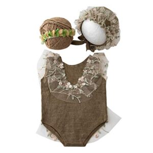 Baby Photography Props Lace Hats Outfit Newborn Photo Shoot Outfits Infant Girl Photos Costume Set (Brown)