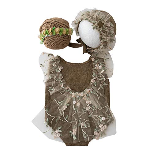 Baby Photography Props Lace Hats Outfit Newborn Photo Shoot Outfits Infant Girl Photos Costume Set (Brown)