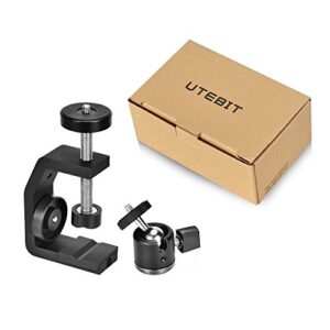 UTEBIT C Clamp with Tripod Head Adjustable Camera Clamp Mount Set for Desktop 360 Degree Swivel Mini Ball Head with Hot Shoe and 1/4 Screw Compatible with Canon Nikon DSLR Monitor