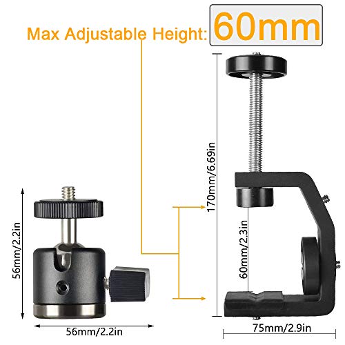 UTEBIT C Clamp with Tripod Head Adjustable Camera Clamp Mount Set for Desktop 360 Degree Swivel Mini Ball Head with Hot Shoe and 1/4 Screw Compatible with Canon Nikon DSLR Monitor