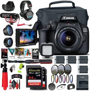 canon eos 4000d / rebel t100 dslr camera with 18-55mm lens, 4k monitor, mic, headphones, 2 x 64gb card, filter kit, case, photo software, 3 x lpe10 battery + more (renewed)