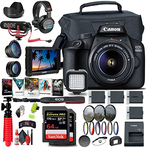 Canon EOS 4000D / Rebel T100 DSLR Camera with 18-55mm Lens, 4K Monitor, Mic, Headphones, 2 x 64GB Card, Filter Kit, Case, Photo Software, 3 x LPE10 Battery + More (Renewed)