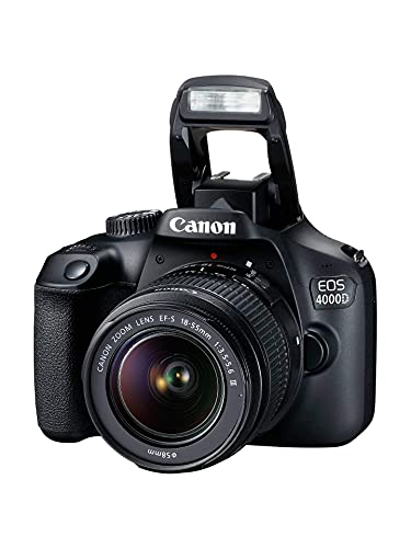 Canon EOS 4000D / Rebel T100 DSLR Camera with 18-55mm Lens, 4K Monitor, Mic, Headphones, 2 x 64GB Card, Filter Kit, Case, Photo Software, 3 x LPE10 Battery + More (Renewed)