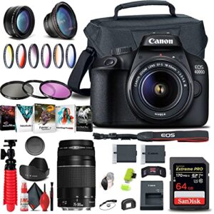 canon eos 4000d / rebel t100 dslr camera with 18-55mm lens, ef 75-300mm lens, 64gb memory card, color filter kit, case, corel photo software, lpe10 battery + more (renewed)