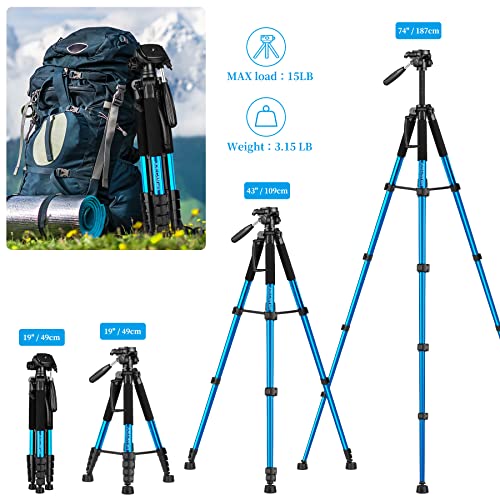 Tripod Camera Tripods, 74" Tripod for Camera Cell Phone Video Photography, Heavy Duty Tall Camera Stand Tripod, Professional Travel DSLR Tripods Compatible with Canon Nikon iPhone, Max Load 15 LB