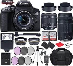 camera bundle for canon eos 850d(t8i) dslr camera with ef-s 18-55mm f/4-5.6 is stm, ef 75-300mm f/4-5.6 iii lenses bundle + accessories(extra battery, digital slave flash, 128gb memory and more)