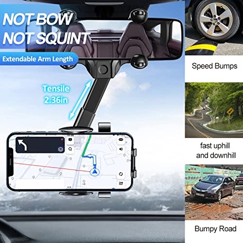 JOCOSA Car Rearview Mirror Phone Holder Phone Mount for Car, Universal 360° Rotatable and Retractable Adjustable Multifunctional GPS Holder for All Mobile Phones Fits Most Cars