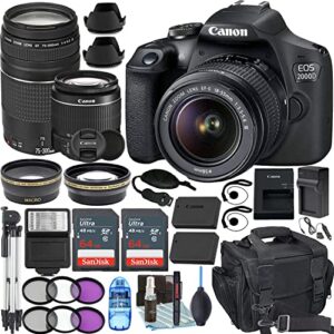 camera bundle for canon eos 2000d / t7 with ef-s 18-55mm f/3.5-5.6 iii and ef 75-300mm f/4-5.6 iii lens + accessories bundle (128gb, 50in tripod, extra battery, and more)