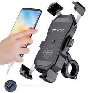 imestou (usb type) motorcycle usb phone mount charger handlebar & rear-view mirror quick charge cellphone holder universal for 3.5″-6.8″ smartphones works with 12v/24v motorcycles