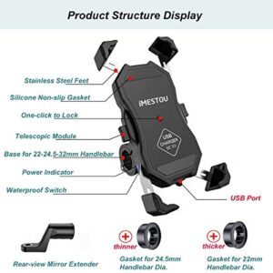 iMESTOU (USB Type) Motorcycle USB Phone Mount Charger Handlebar & Rear-View Mirror Quick Charge Cellphone Holder Universal for 3.5"-6.8" Smartphones Works with 12V/24V Motorcycles