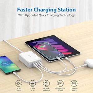 SooPii 40W USB Charging Station,4 Port USB Charger Station with One Port QC 3.0 for Multiple Devices,4 Mixed Charging Cables Included,Compatible with iPhone 14,IPad,Samsung Galaxy,Note,LG and More