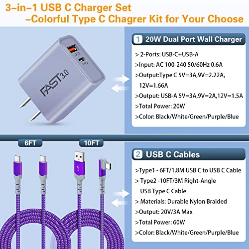 USB C Wall Charger, 20W Fast Charging Block + 10FT 6FT 60W PD 3A Type C Cables Fit for Samsung Galaxy A53 5G A73 A33 A13 S22 Ultra S21 S20 A03s A32 A12 A52 Z Flip 4,Google Pixel 7 6a 6 Pro 5a 5 XL 4a