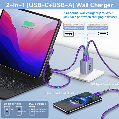 USB C Wall Charger, 20W Fast Charging Block + 10FT 6FT 60W PD 3A Type C Cables Fit for Samsung Galaxy A53 5G A73 A33 A13 S22 Ultra S21 S20 A03s A32 A12 A52 Z Flip 4,Google Pixel 7 6a 6 Pro 5a 5 XL 4a