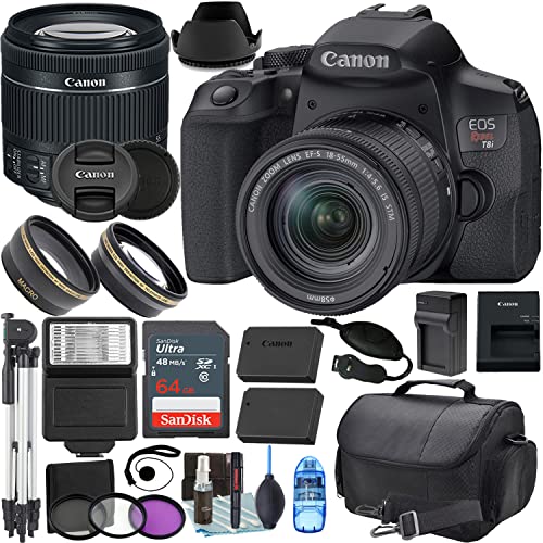 Camera Bundle for Canon EOS Rebel T8i with EF-S 18-55mm f/4-5.6 is STM + Accessories Bundle (64GB, 50in Tripod, Extra Battery, and More)