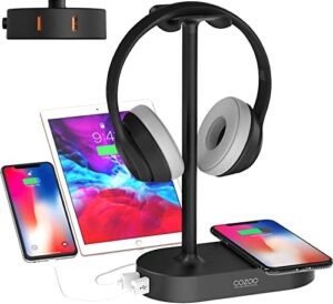 cozoo headphone stand with wireless charging pad and 2 usb charging ports type c ports,gaming headset hanger organizer,10w,headphone holder suitable for gaming,dj,wireless earphone display accessories