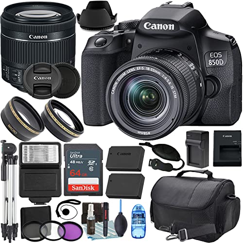 Camera Bundle for Canon EOS 850D / T8i with EF-S 18-55mm f/4-5.6 is STM + Accessories Bundle (64GB, 50in Tripod, Extra Battery, and More)