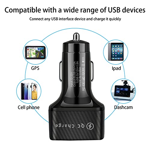 Car Charger Adapter, 6 Ports USB QC3.0 Fast Phone Charger, Car Interior Accessories Fit for All Vehicles, Multi-Port Car Phone Charger with LED Light Display for Smart Phone and More (Black)