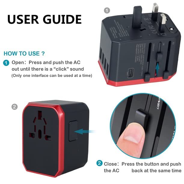 International Universal Travel Adapter, All-in-One Global AC Charger Socket. The 5.6A 4 USB and Type c Multi-Function Conversion Plug is Suitable for Many Countries Around The World. (Red)