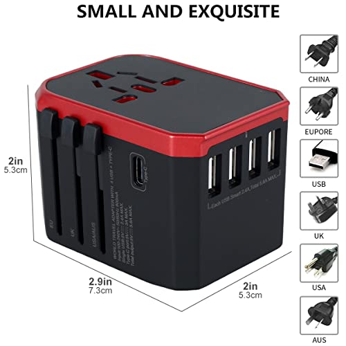 International Universal Travel Adapter, All-in-One Global AC Charger Socket. The 5.6A 4 USB and Type c Multi-Function Conversion Plug is Suitable for Many Countries Around The World. (Red)