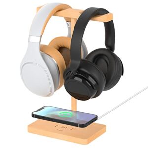 headphone stand with wireless charger & type-c cord – fortidy headset stand for desk, holds dual universal gaming earphones, smart watch and vr, charges qi-enabled phone, 15w fast charging, wood