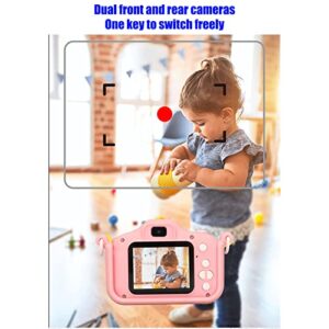 PUSOKEI Kids Digital Camera, 28 Fun Photo Frames, Cartoon Cameras for Kids, Lightweight 2in Screen Children Camera with Dual Front and Rear Cameras(Pink with 32G Memory Card and Card Reader)