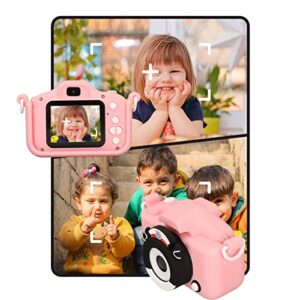 PUSOKEI Kids Digital Camera, 28 Fun Photo Frames, Cartoon Cameras for Kids, Lightweight 2in Screen Children Camera with Dual Front and Rear Cameras(Pink with 32G Memory Card and Card Reader)