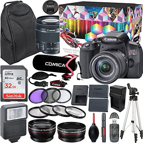 Camera Bundle for Canon EOS Rebel T8i DSLR Camera with EF-S 18-55mm f/4-5.6 is STM + Microphone with Video Kit Accessories (32GB, Tripod, Flash, and More) (Renewed)