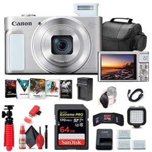 canon powershot sx620 hs digital camera (white) (1074c001), 64gb memory card, 2 x nb13l battery, corel photo software, charger, card reader, led light, soft bag + more (renewed)