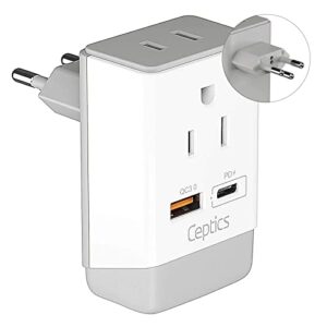 ceptics switzerland plug adapter, travel with qc 3.0 & pd, safe dual usb & usb-c – 2 usa socket compact & powerful – quick charge 3.0 & power delivery – type j ap-11a – fast charging