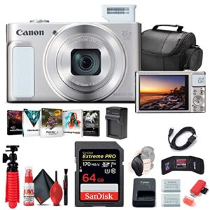 canon powershot sx620 hs digital camera (white) (1074c001), 64gb memory card, nb13l battery, corel photo software, charger, card reader, soft bag, flex tripod + more (renewed)