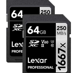 Lexar Professional 1667x 64GB (2-Pack) SDXC UHS-II Cards, Up To 250MB/s Read, for Professional Photographer, Videographer, Enthusiast (LSD64GCBNA16672)