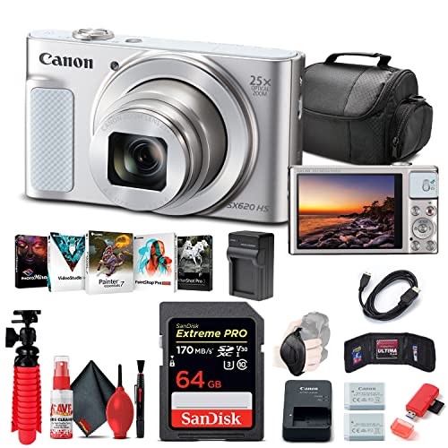 Canon PowerShot SX620 HS Digital Camera (Silver) (1074C001), 64GB Memory Card, NB13L Battery, Corel Photo Software, Charger, Card Reader, Soft Bag, Flex Tripod + More (Renewed)