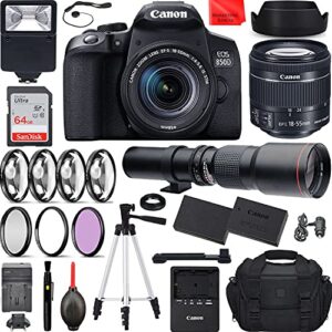 canon intl., dslr camera with ef-s 18-55mm f/4-5.6 is stm, 500mm f/8.0 preset manual focus lens, travel bundle with accessories (extra battery, digital flash, 64gb memory), canon850d, black