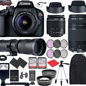 Canon Intl. Canon EOS T100 DSLR Camera EF-S 18-55mm F3.5-5.6 III, EF 75-300mm f4-5.6 III, 420-800mm f8 Lense Bundle Accessories (Extra Battery, Digital Flash, 128Gb Memory & More), Black