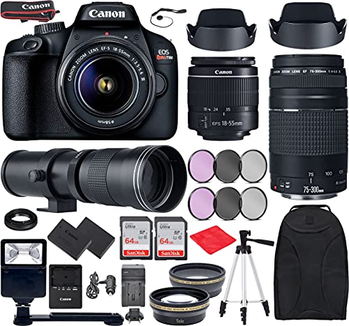 Canon Intl. Canon EOS T100 DSLR Camera EF-S 18-55mm F3.5-5.6 III, EF 75-300mm f4-5.6 III, 420-800mm f8 Lense Bundle Accessories (Extra Battery, Digital Flash, 128Gb Memory & More), Black