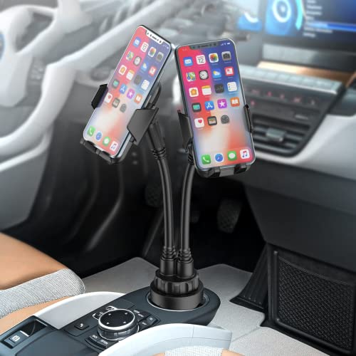 Gabba Goods Dual Phone Holder for Car Cup Holder – Long Flexible Neck, 360° Rotatable Car Phone Mount - Adjustable Cell Phone Cup Holder, Universal Size Fits 2 iPhone, Samsung, GPS and More