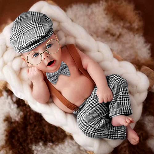 SPOKKI 4 Pcs Newborn Baby Photo Props, Lattice Rompers Suspender Pants with Beret Glasses Bow Tie for Infant Boys' Costumes, Newborn Boy Photography Outfit Set, Checked Fabric Gentleman Suit (Grey)