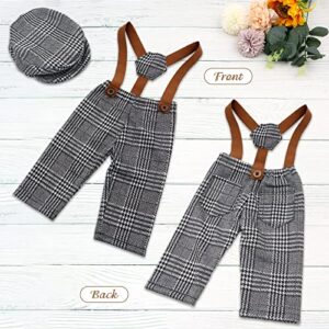 SPOKKI 4 Pcs Newborn Baby Photo Props, Lattice Rompers Suspender Pants with Beret Glasses Bow Tie for Infant Boys' Costumes, Newborn Boy Photography Outfit Set, Checked Fabric Gentleman Suit (Grey)