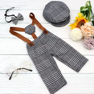 SPOKKI 4 Pcs Newborn Baby Photo Props, Lattice Rompers Suspender Pants with Beret Glasses Bow Tie for Infant Boys' Costumes, Newborn Boy Photography Outfit Set, Checked Fabric Gentleman Suit (Grey)