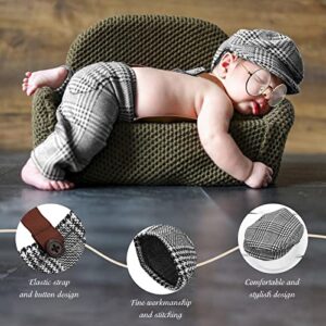 SPOKKI 4 Pcs Newborn Baby Photo Props, Lattice Rompers Suspender Pants with Beret Glasses Bow Tie for Infant Boys' Costumes, Newborn Boy Photography Outfit Set, Checked Fabric Gentleman Suit (Grey)