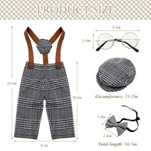 SPOKKI 4 Pcs Newborn Baby Photo Props, Lattice Rompers Suspender Pants with Beret Glasses Bow Tie for Infant Boys' Costumes, Newborn Boy Photography Outfit Set, Checked Fabric Gentleman Suit (Grey)